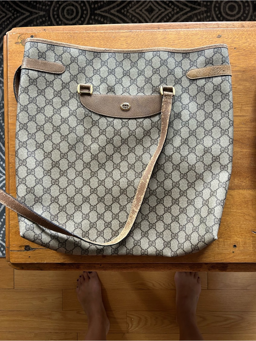 Vintage Gucci Brown GG Supreme Canvas Tote with Leather Trim- project bag